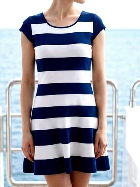 Sewn Panel Nautical Flare Dress Blue White Boston Proper Sz 10 Back Zip